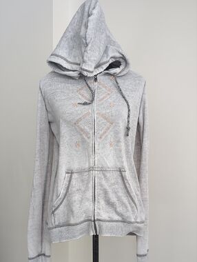 Roxy Light Gray and Pink Embroideres Hooded Zip Sweater